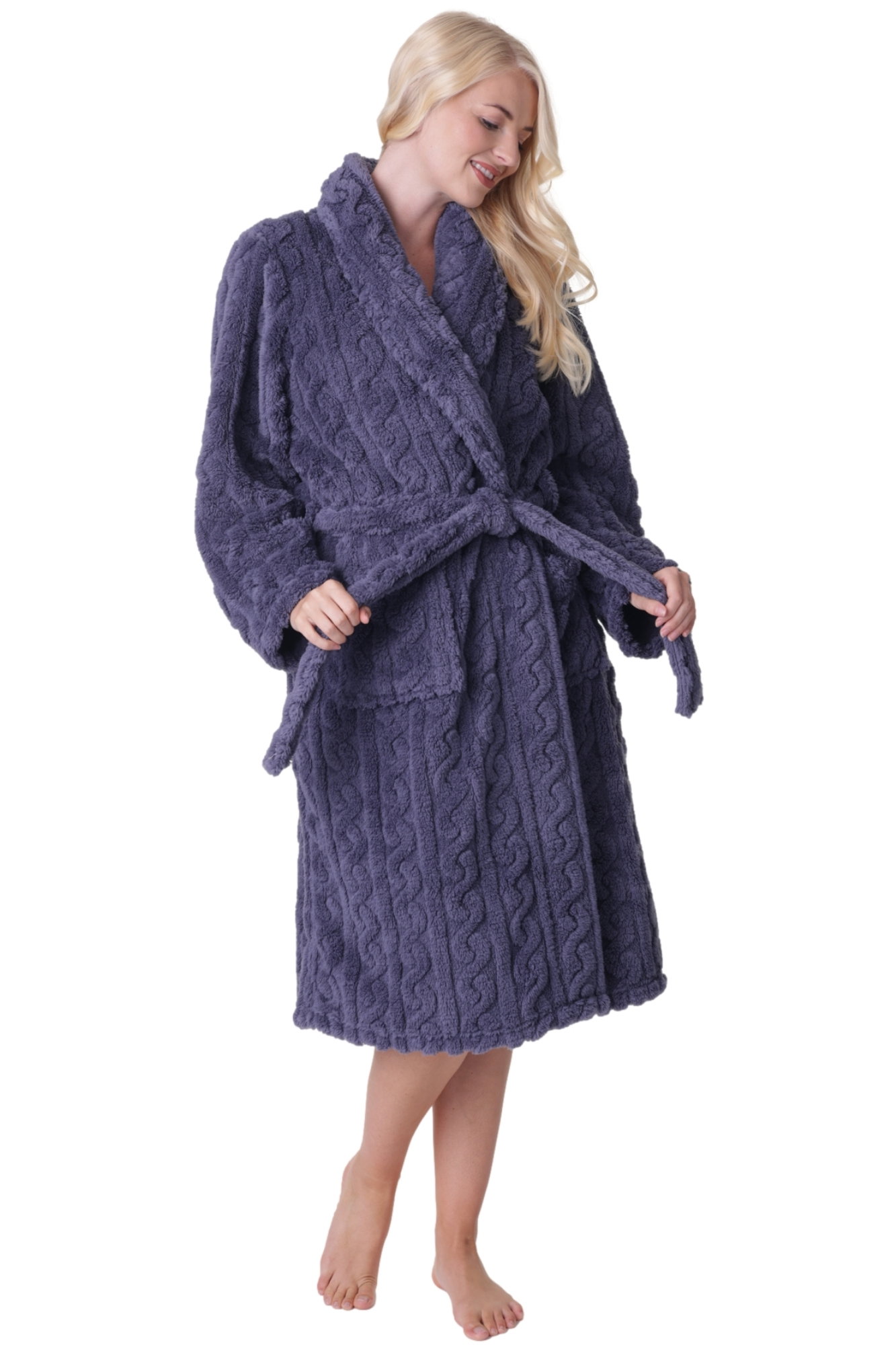 Grey Camille Lingerie Grey Supersoft Fleece Jaquard Bathrobe, Image 4 of 5