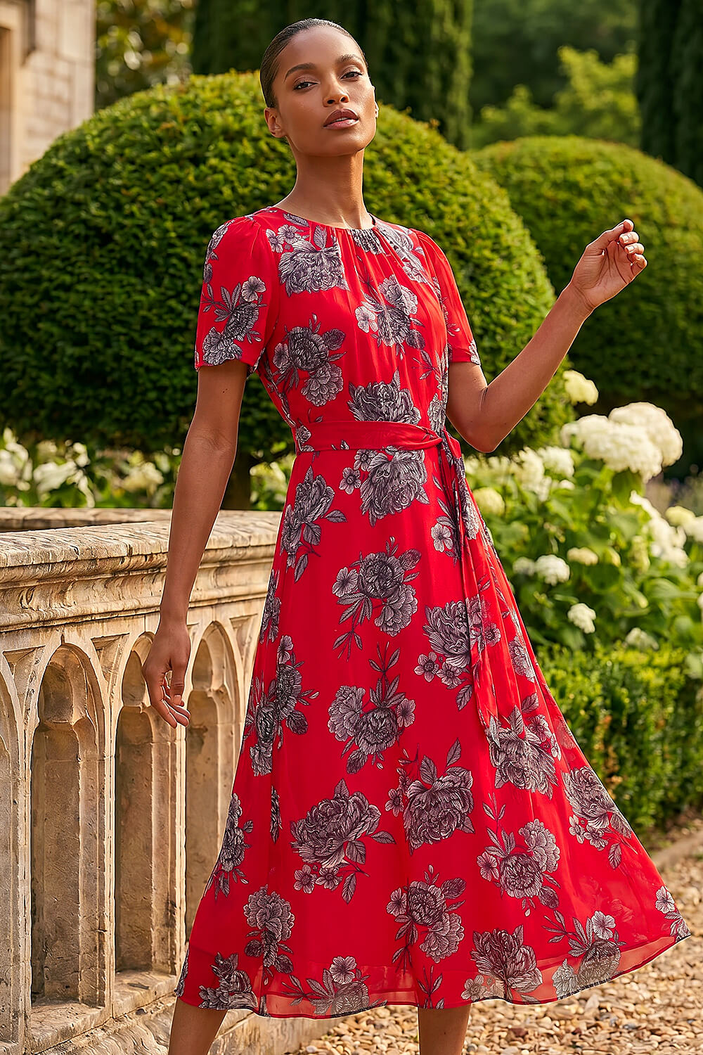 Red Floral Print Pleat Neck Midi Dress, Image 3 of 4