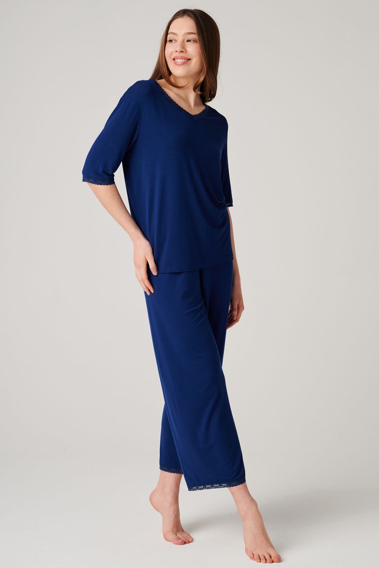 Navy British Boxers Navy "Navy Peony" Bamboo Lace Pyjama Set, Image 2 of 6
