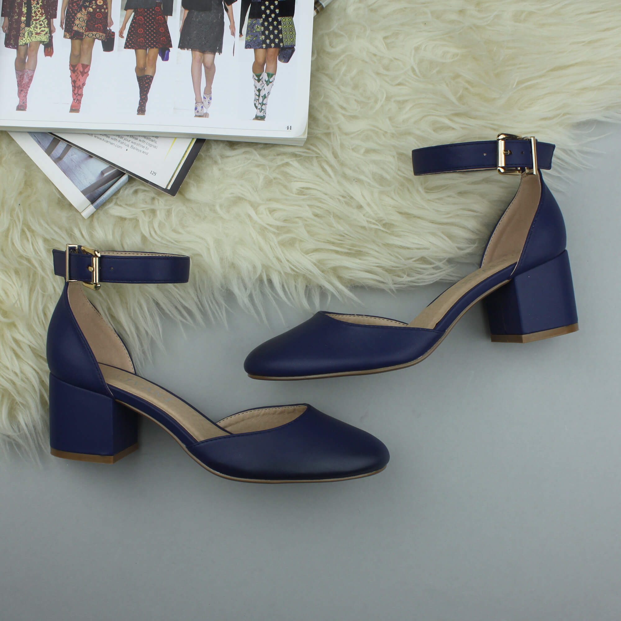 Navy Blue AJVANI Navy Blue Mid Block Heel Ankle Strap 2 Part Heels, Image 4 of 6