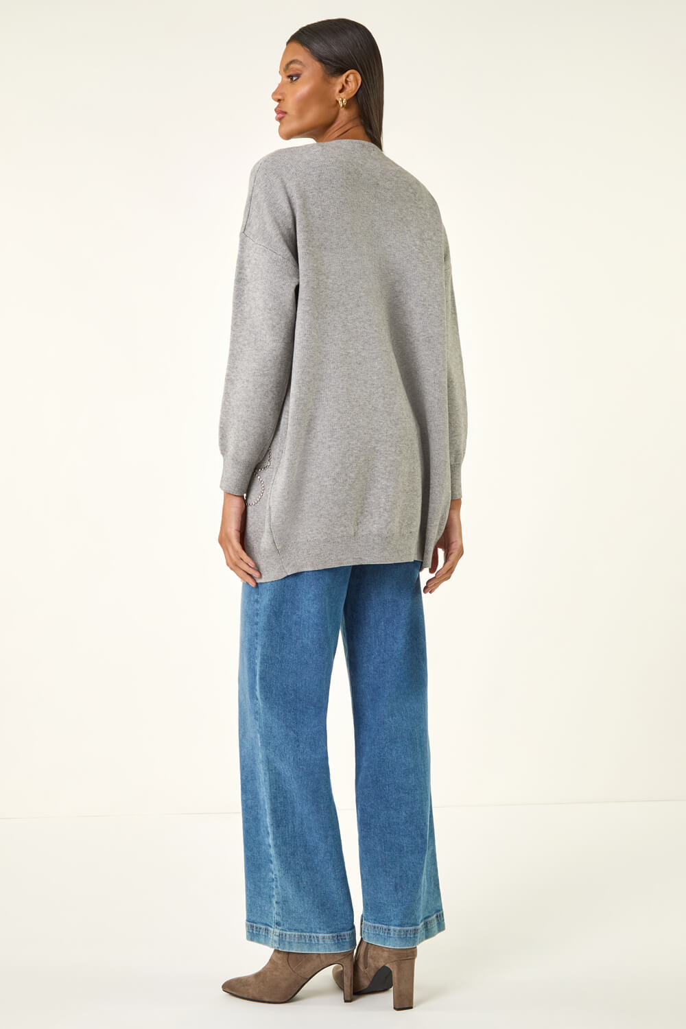 Grey Floral Embellished Knit Cardigan, Image 4 of 5