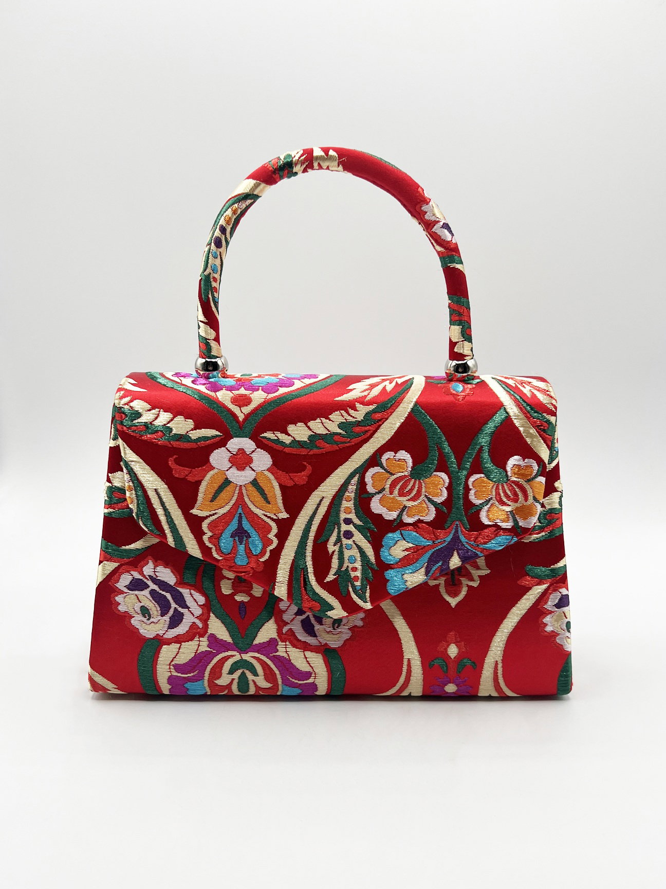 Pink Floral Satin Embroidered Top Handle Bag In Red