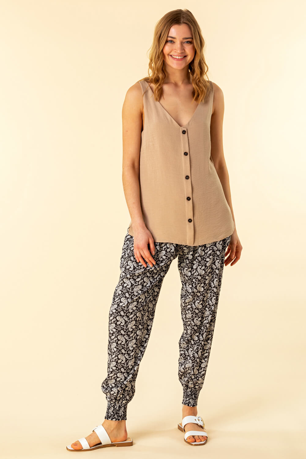 Stone Button Front Sleeveless Top, Image 3 of 4