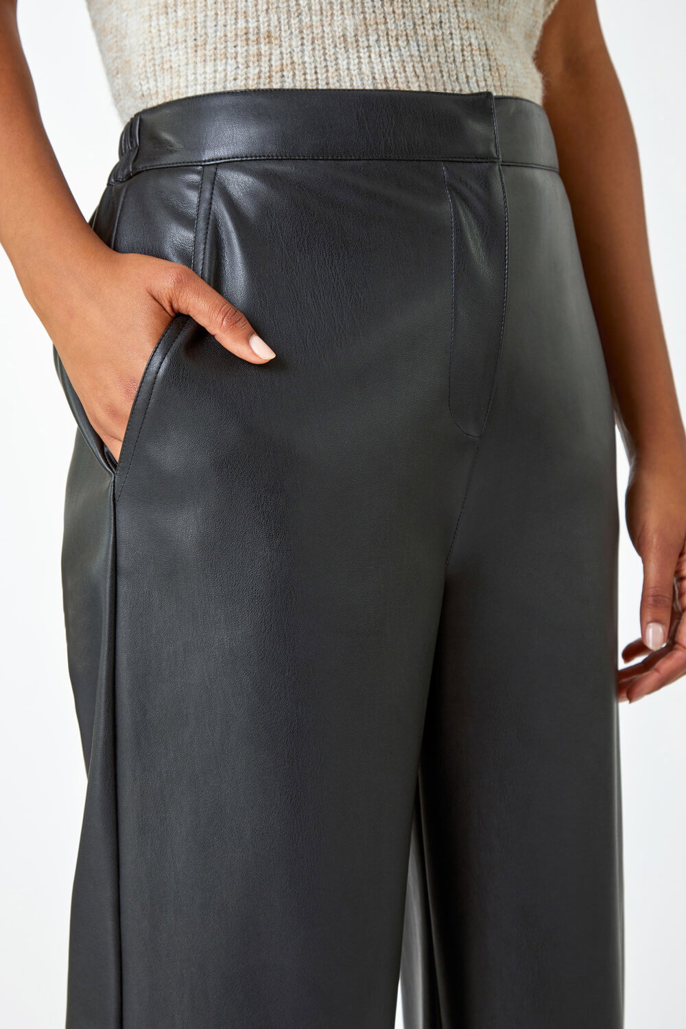 Black Faux Leather Wide Leg Crop Trousers, Image 6 of 6