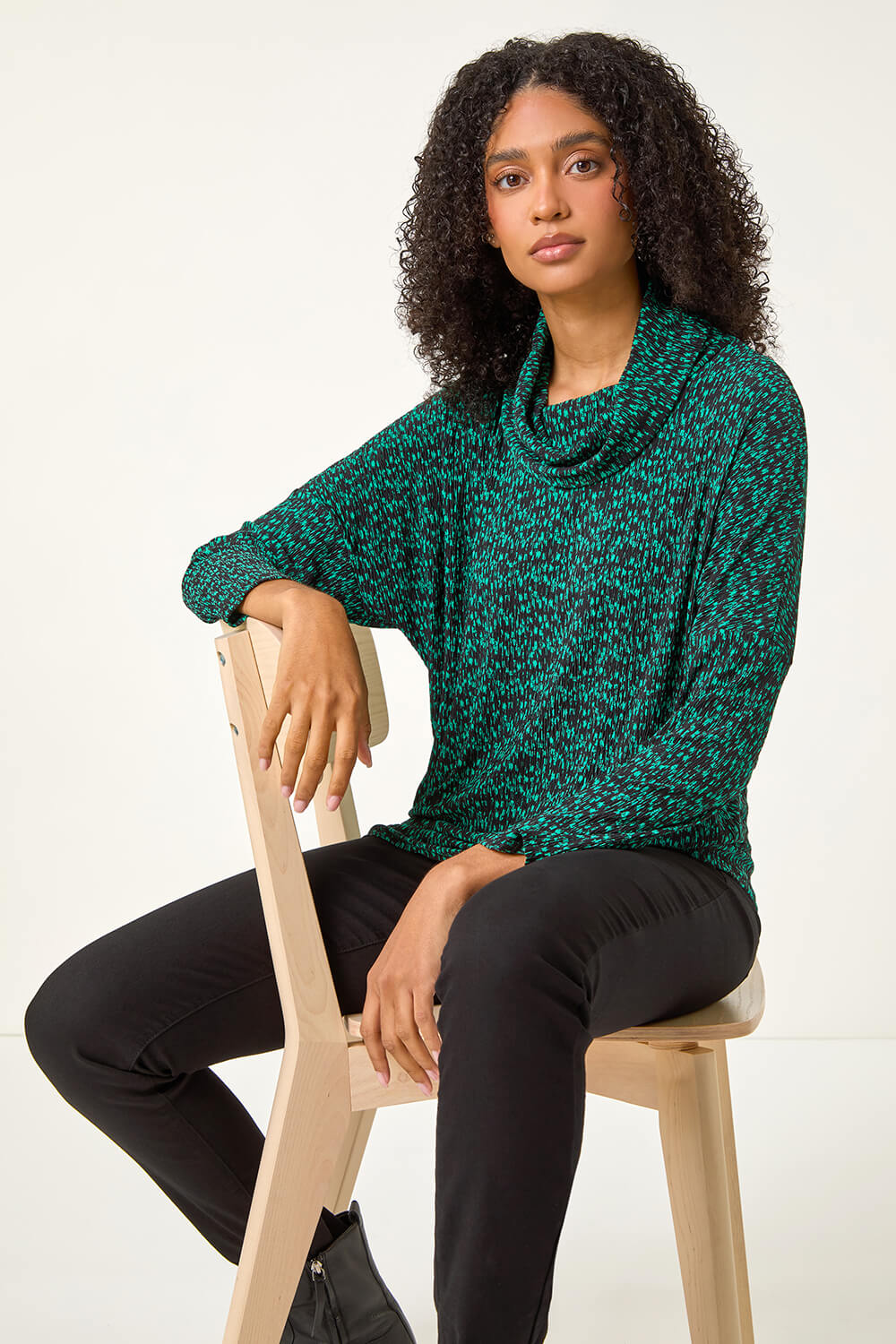 Green Print Relaxed Cowl Neck Tunic Top, Image 5 of 5