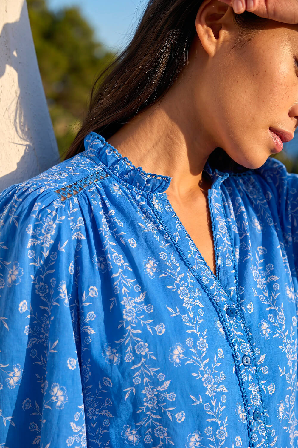 Blue Petite Floral Button Up Blouse, Image 5 of 4