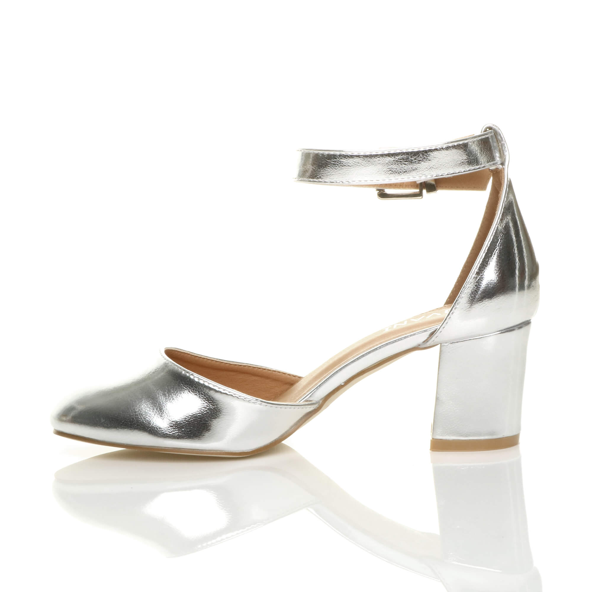 Silver AJVANI Silver Mid Block Heel Ankle Strap 2 Part Heels, Image 3 of 6