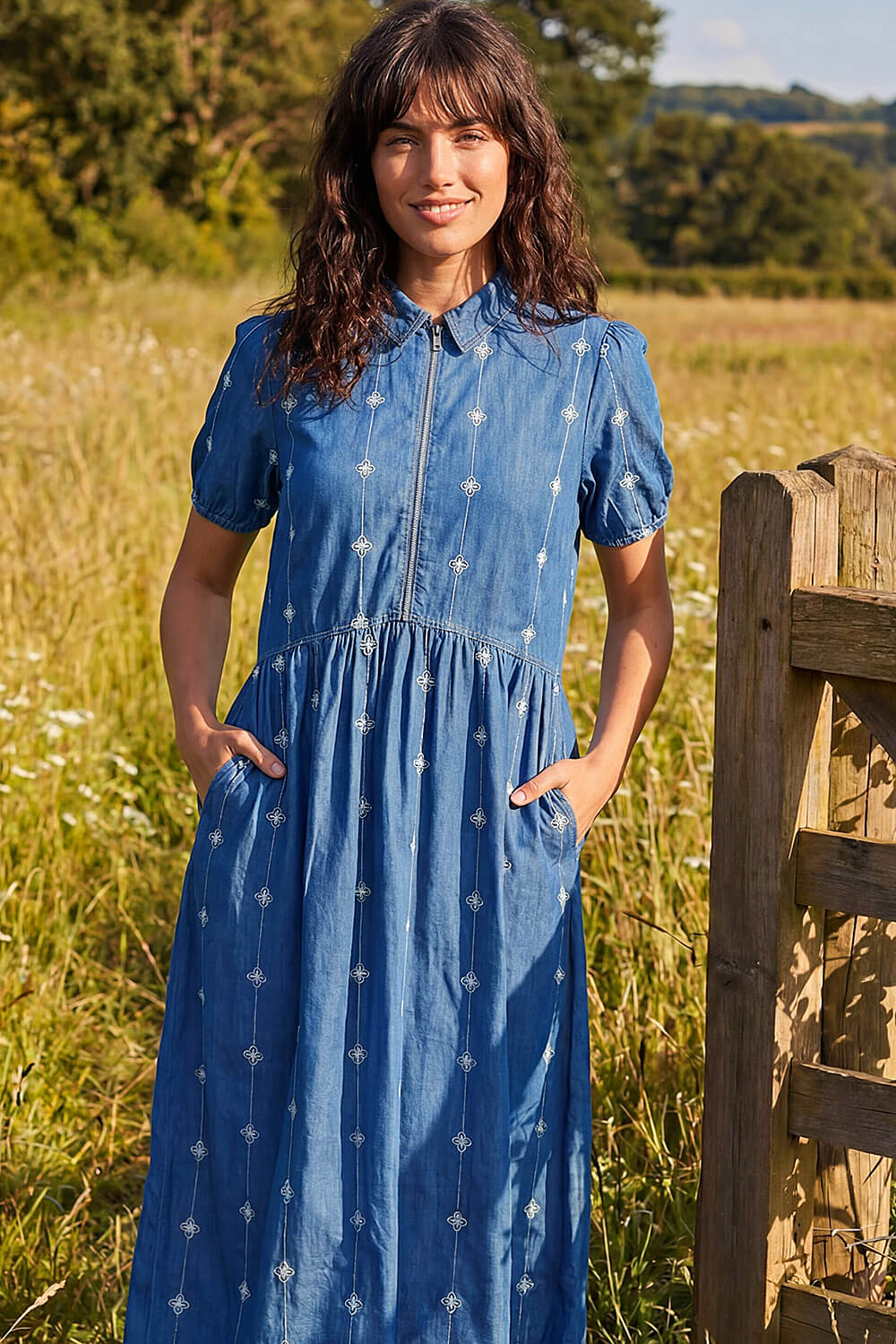 Denim Embroidered Zip Detail Dress , Image 1 of 4