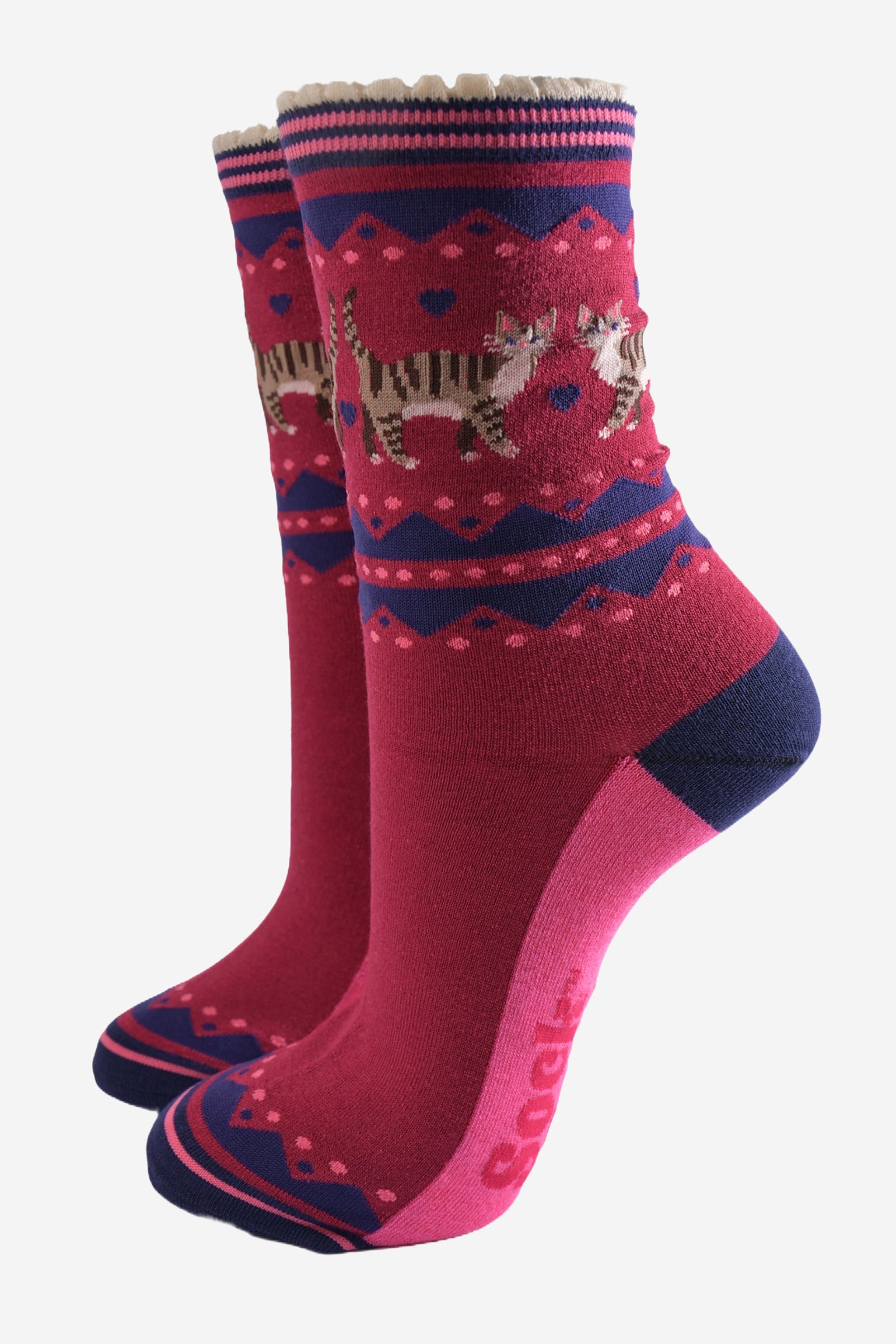 Blue Fair Isle Tabby Cats Bamboo Socks, Image 1 of 1