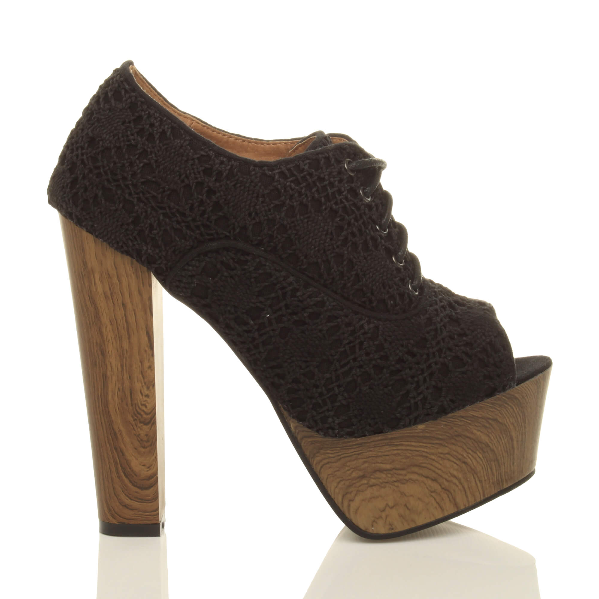 Black High Heel Crochet Lace Up Platform Peep Toe Shoe Boots, Image 2 of 5