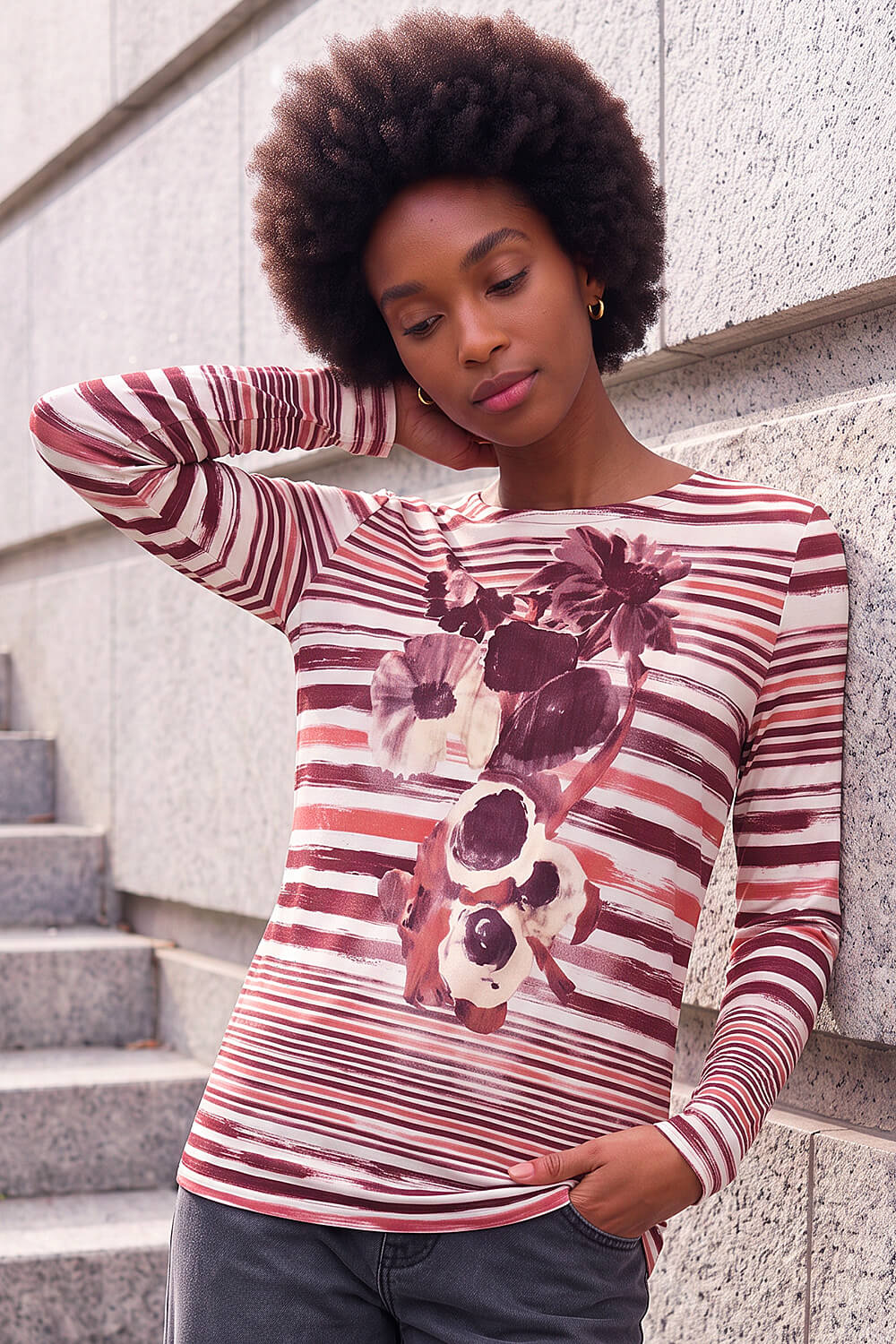 Roman Womens Floral Stripe Long Sleeve Top, Red, Size 16, Women - Image 2