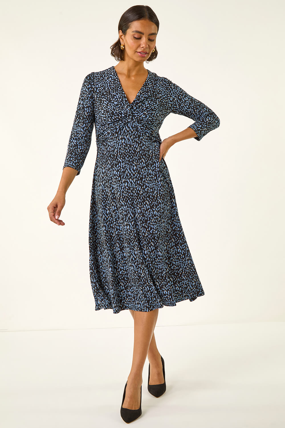 Roman Women's Blue Speckled Twist Front Dress Size 14