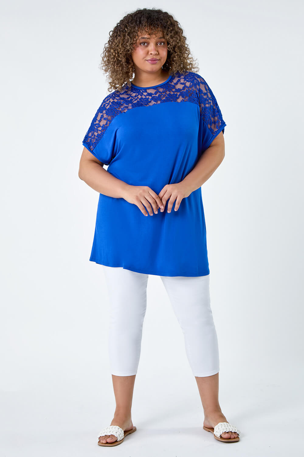 Royal Blue Curve Lace Yoke Stretch Jersey Tunic Top, Image 3 of 5