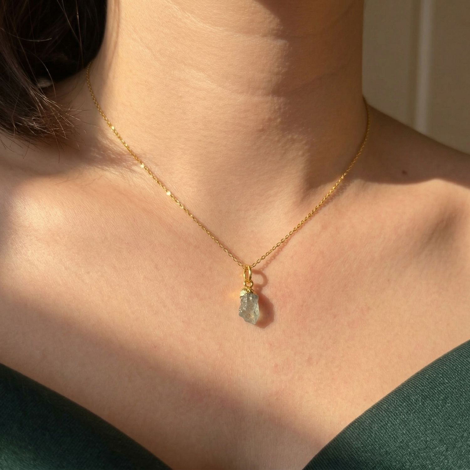 Blue Raw Aquamarine Gold Plated March Birthstone Necklace, Image 2 of 5