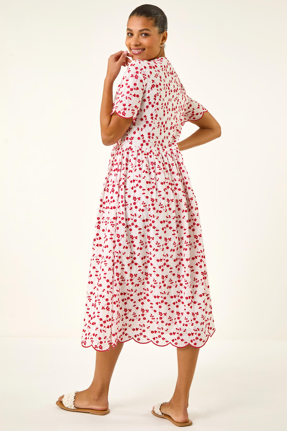 Red Embroidered Buttoned Midi Dress, Image 4 of 5