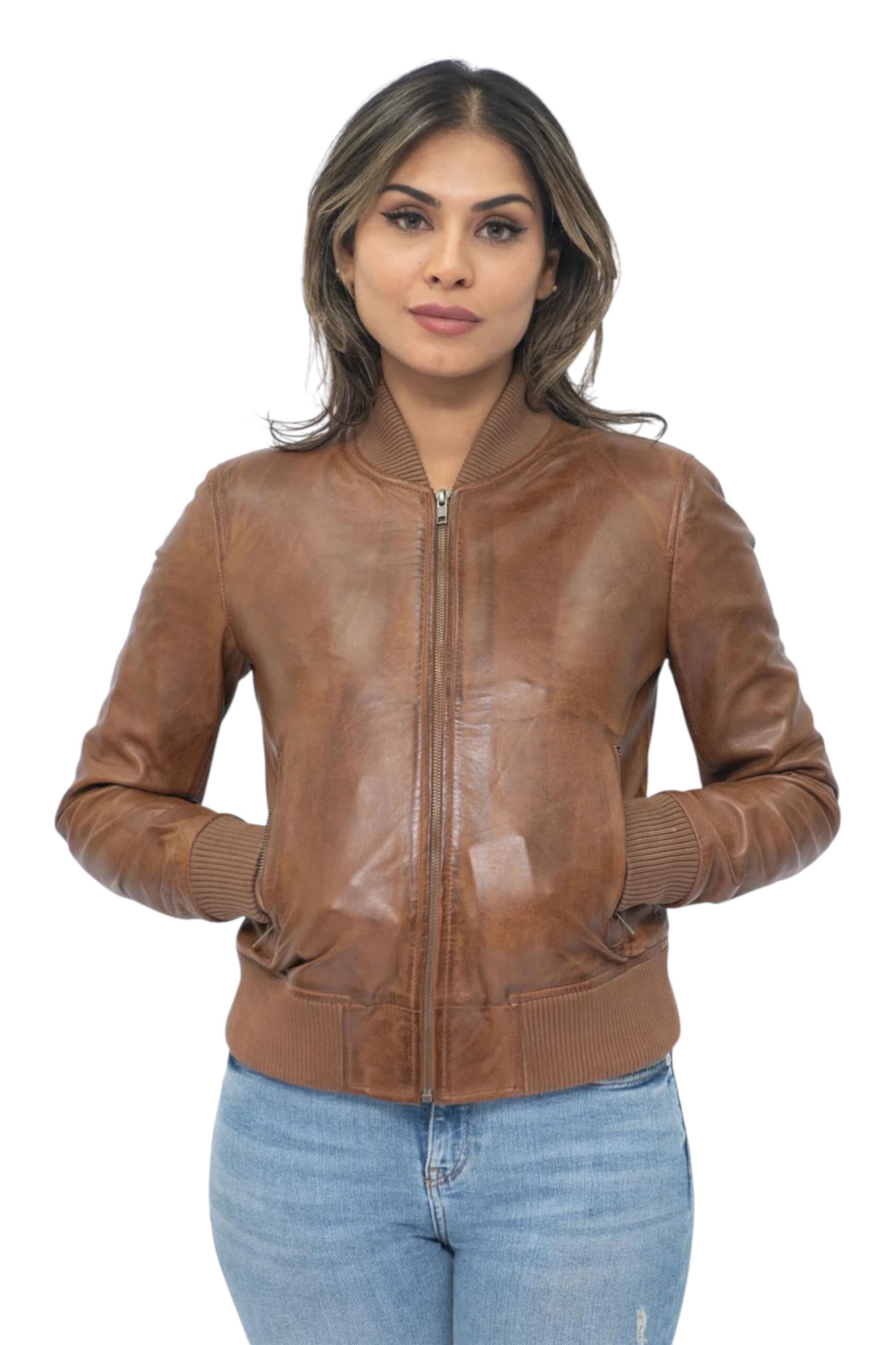Tan MA-1 Leather Bomber Jacket-Abbotsford, Image 1 of 5
