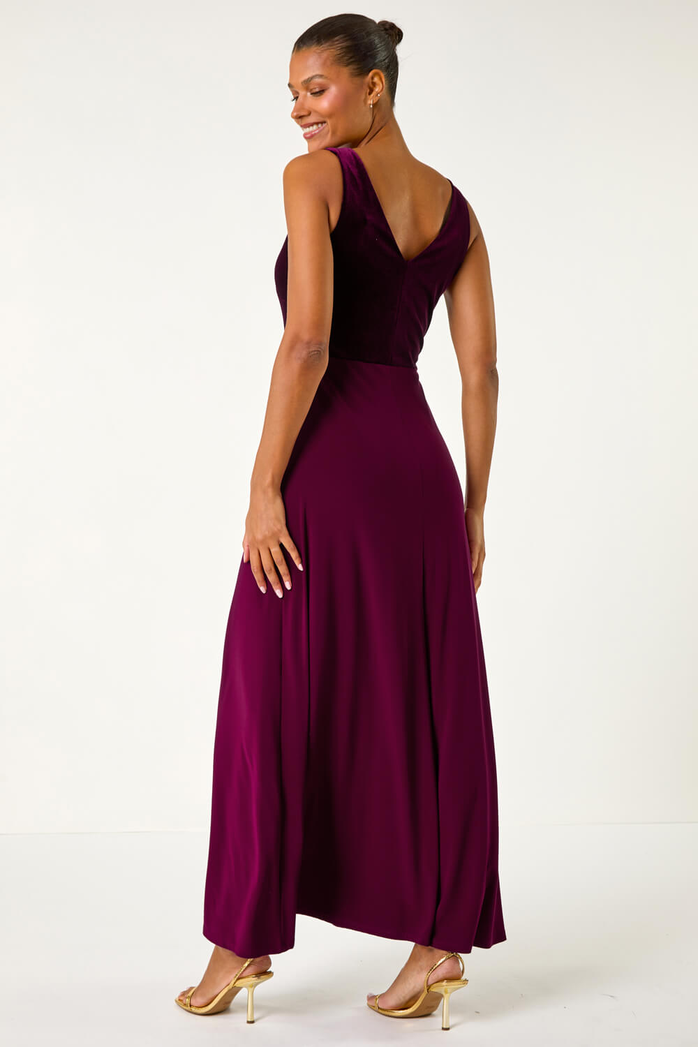 Wine Velvet Twist Front Maxi Stretch Dress, Image 4 of 5