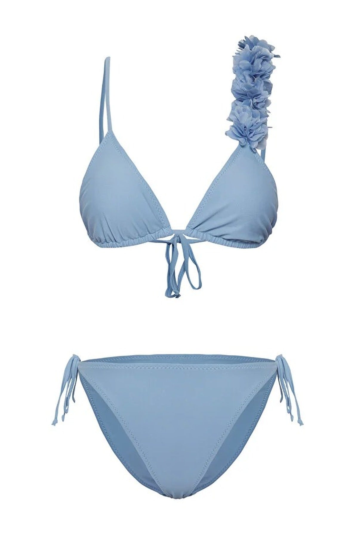 Blue Applique Detail Triangle Bikini Set with Tie Side, Image 2 of 4
