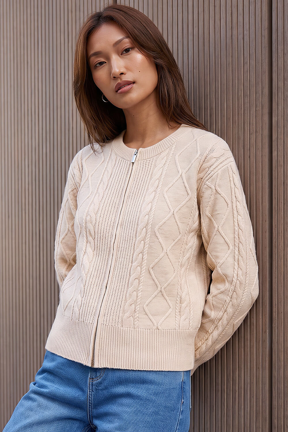 Roman Women's Ivory Knitted Cable Bomber Size 12