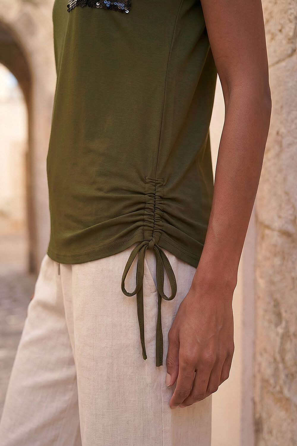 Olive Sequin Pocket Side Ruched T-Shirt, Image 5 of 4