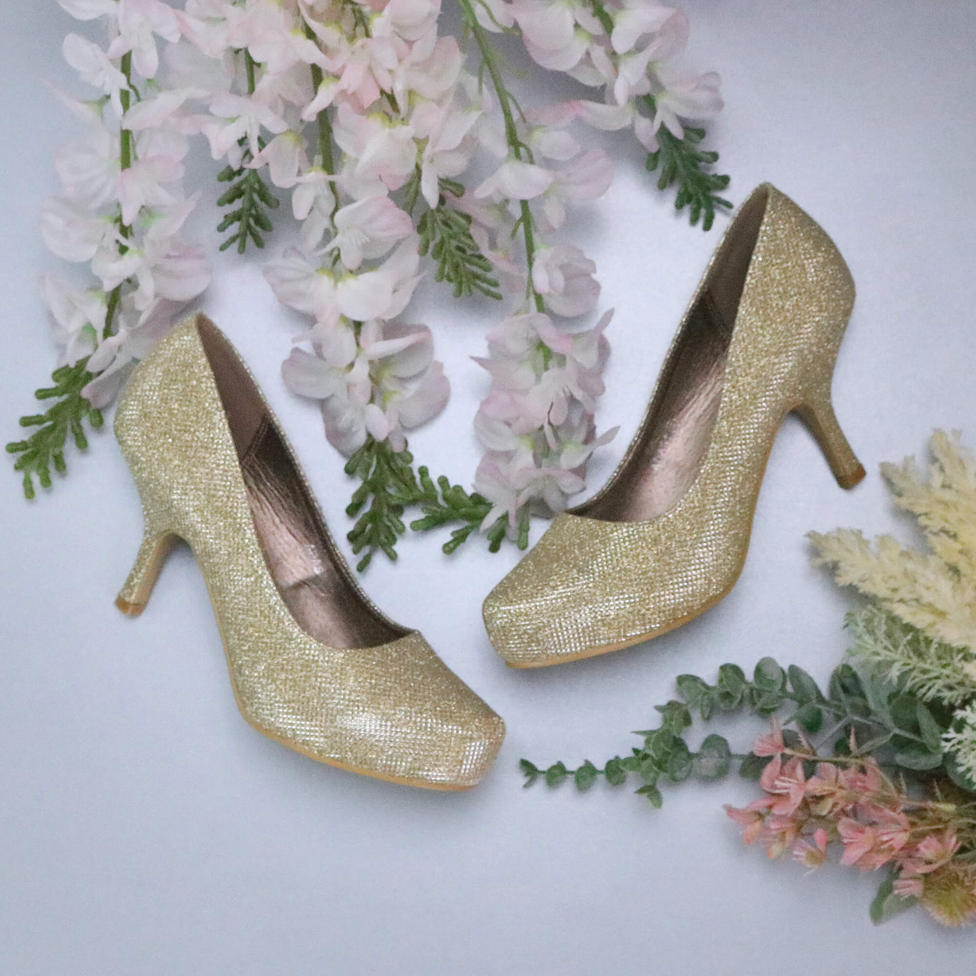 Gold Mid High Heel Glitter Court Shoes, Image 4 of 8