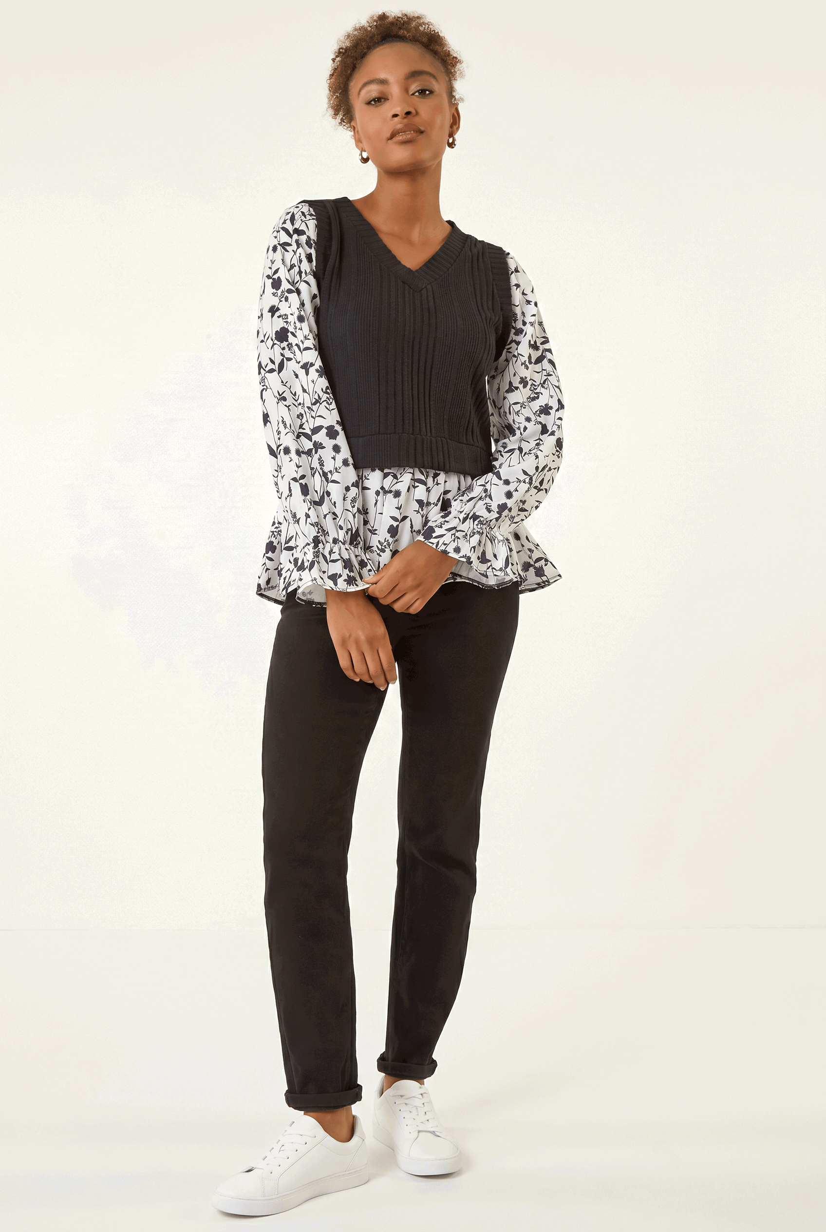 Black Floral Mock Shirt Jumper, Image 3 of 5