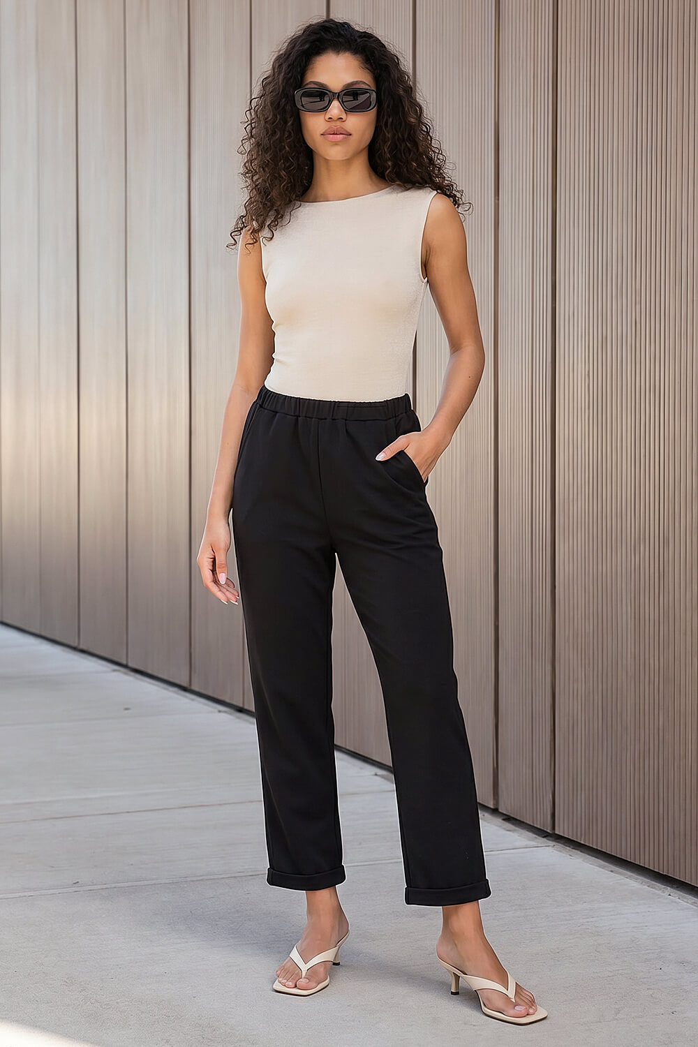 Black Petite Turn Up Trouser, Image 3 of 4