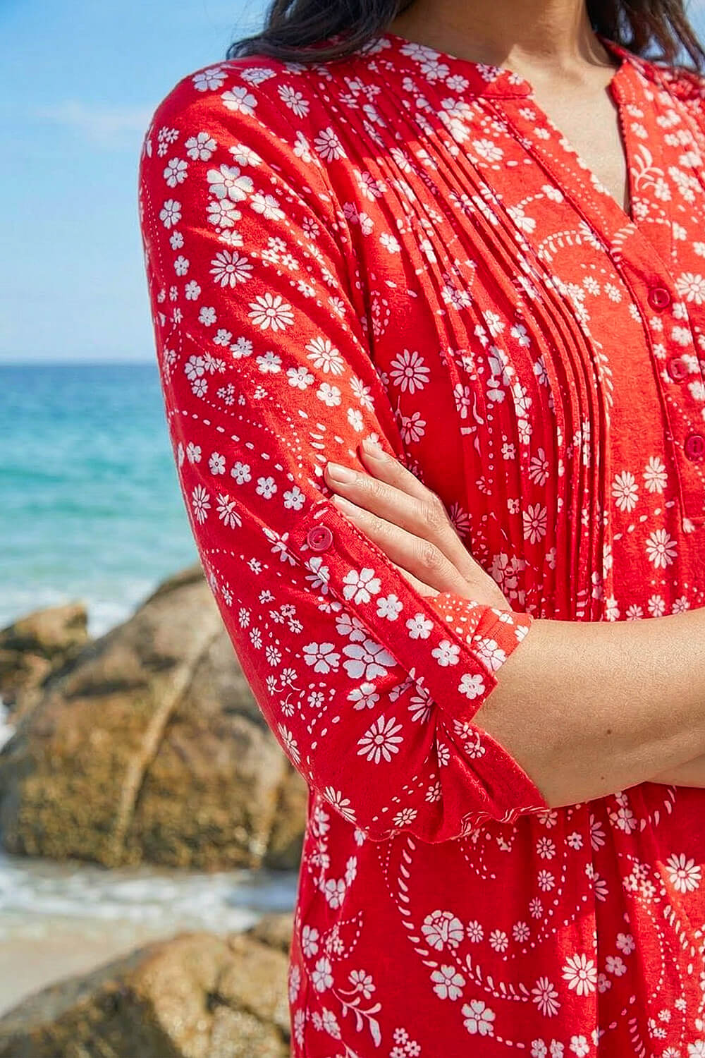 Red Ditsy Print Pintuck Stretch Shirt , Image 5 of 4