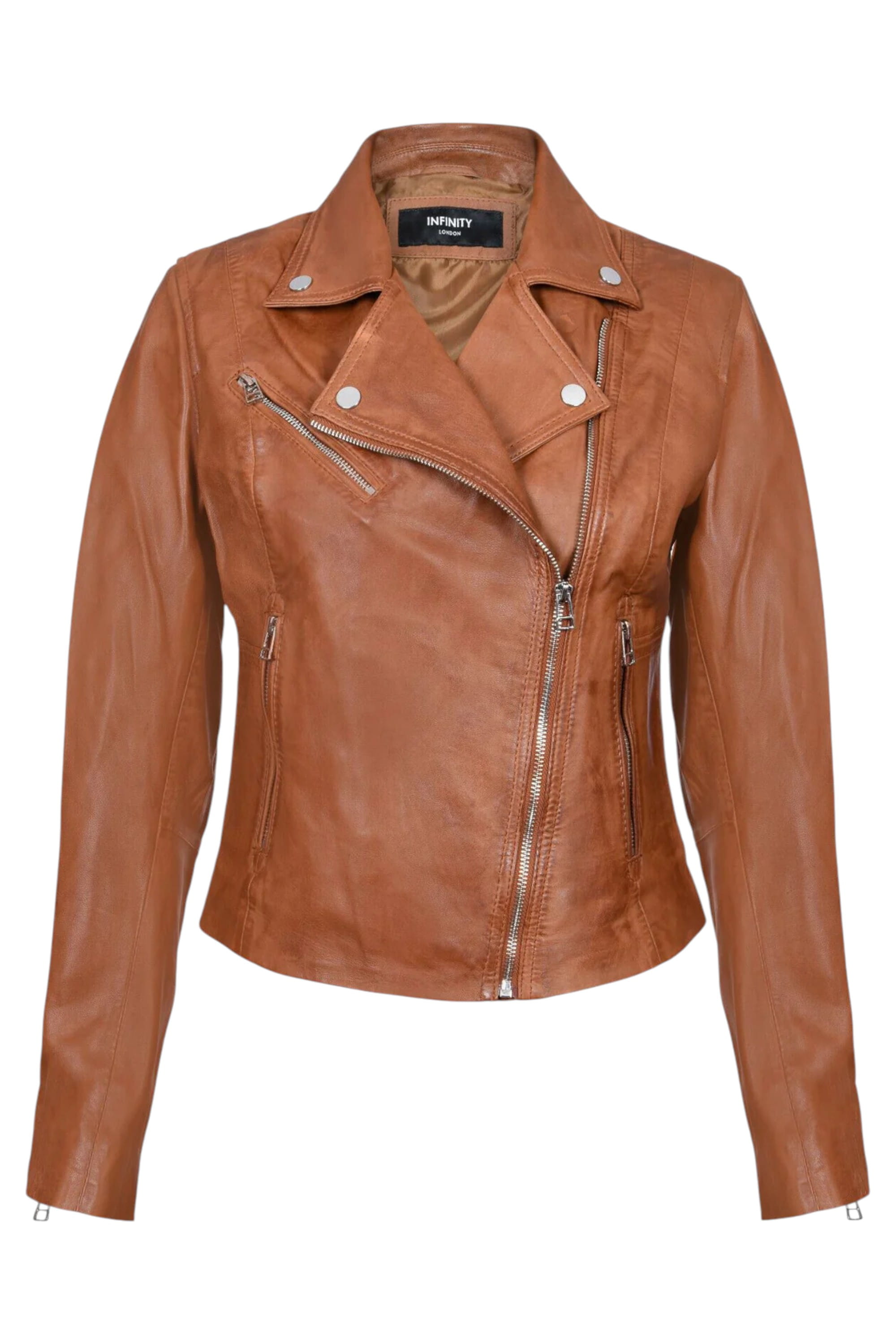Tan Womens Leather Biker Jacket-Matlock, Image 2 of 4