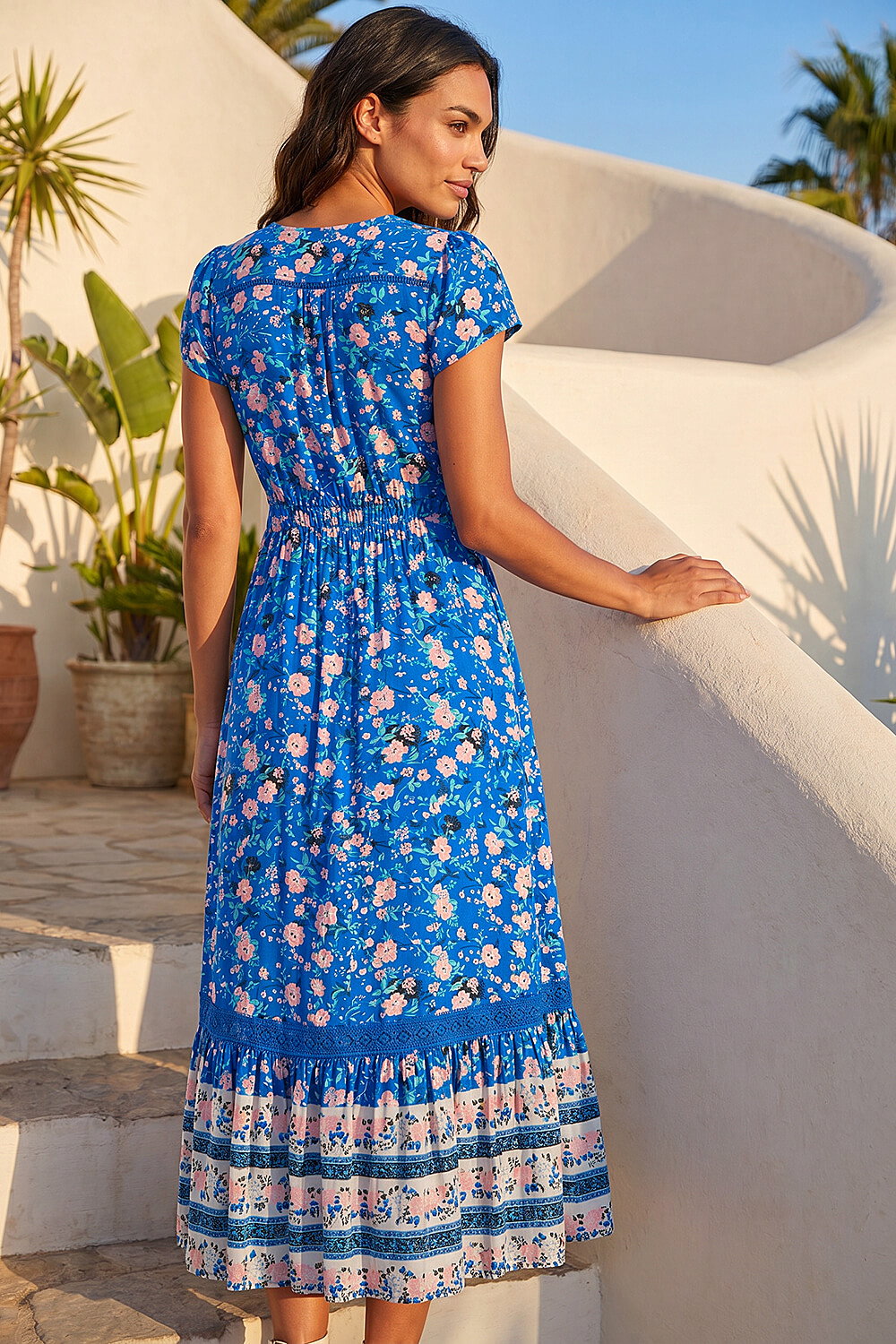 Royal Blue Floral Border Print Midi Dress, Image 4 of 4