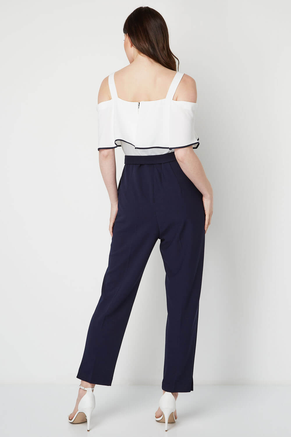 Navy Cold Shoulder Frill Detail Jumpsuit, Image 3 of 4