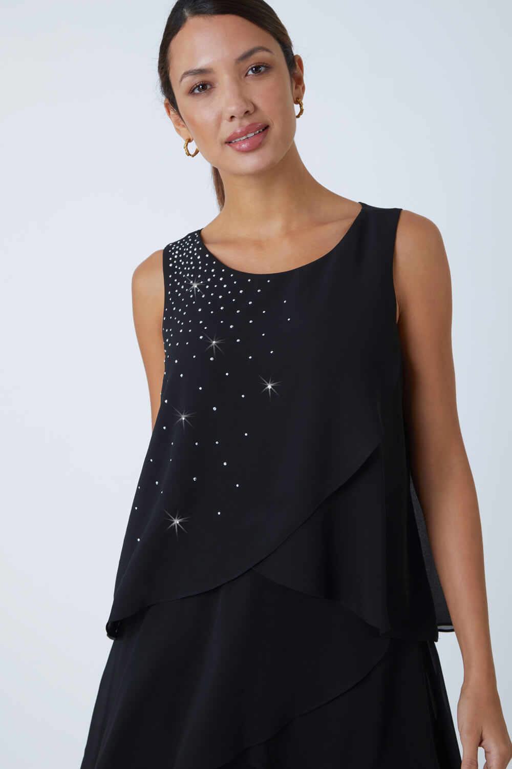 Black Embellished Chiffon Frill Swing Dress, Image 5 of 5