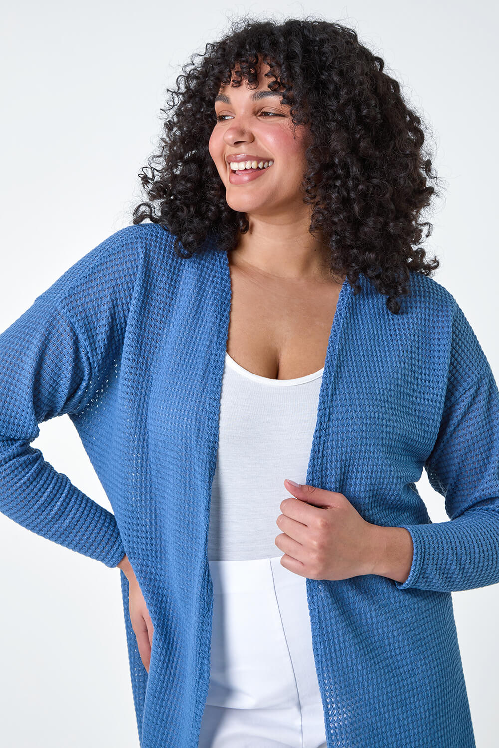 Denim Curve Textured Longline Cardigan, Image 1 of 5