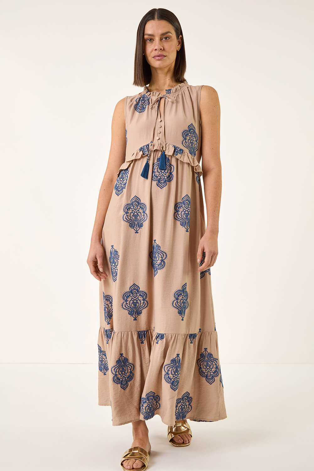Mocha Embroidered Tie Front Maxi Dress , Image 3 of 5