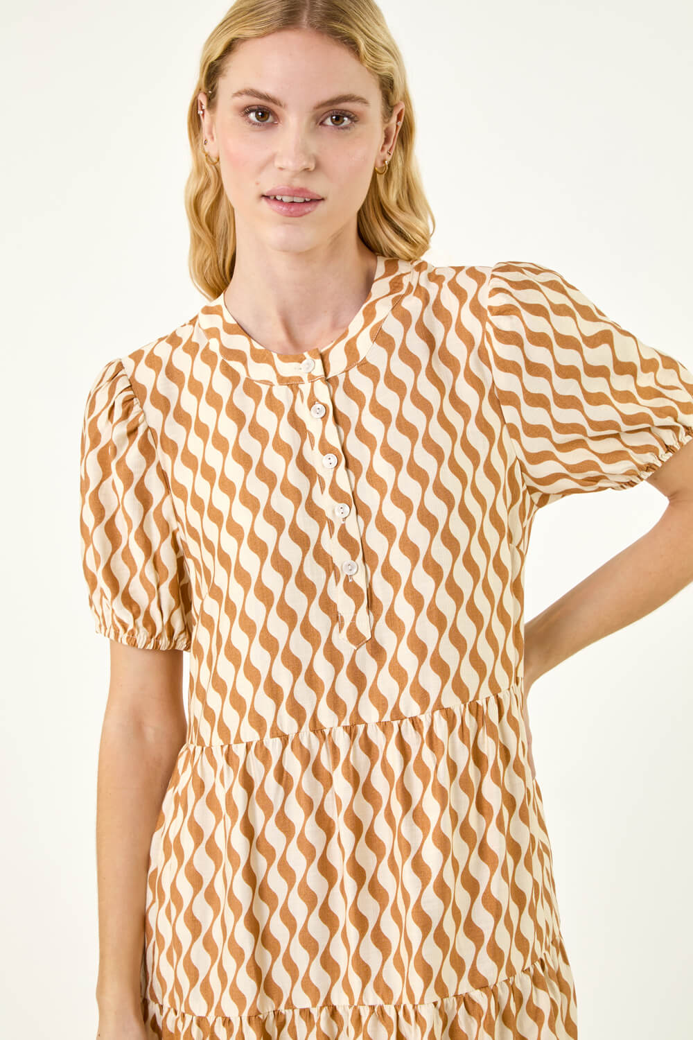 Camel Geo Print Button Shirt Midi Dress, Image 5 of 5
