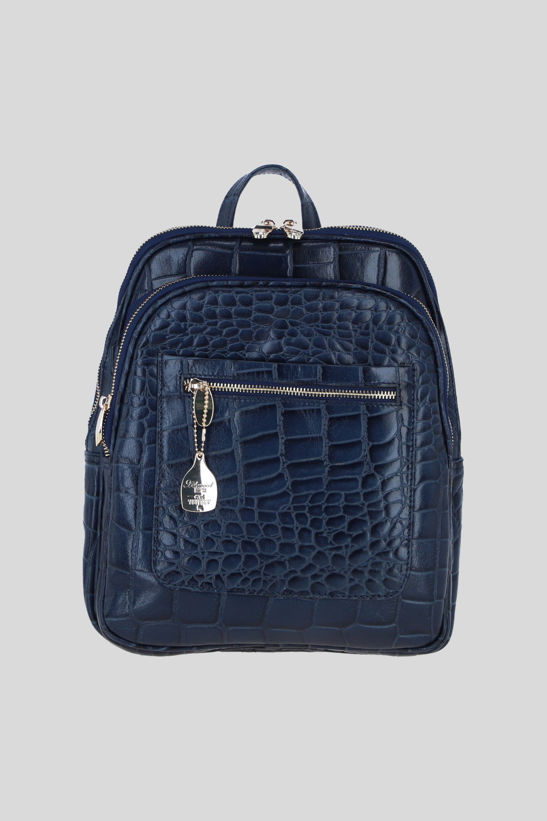 Navy Real Leather Backpack with Multiple Pockets and Gold-Tone Hardware, Image 1 of 4