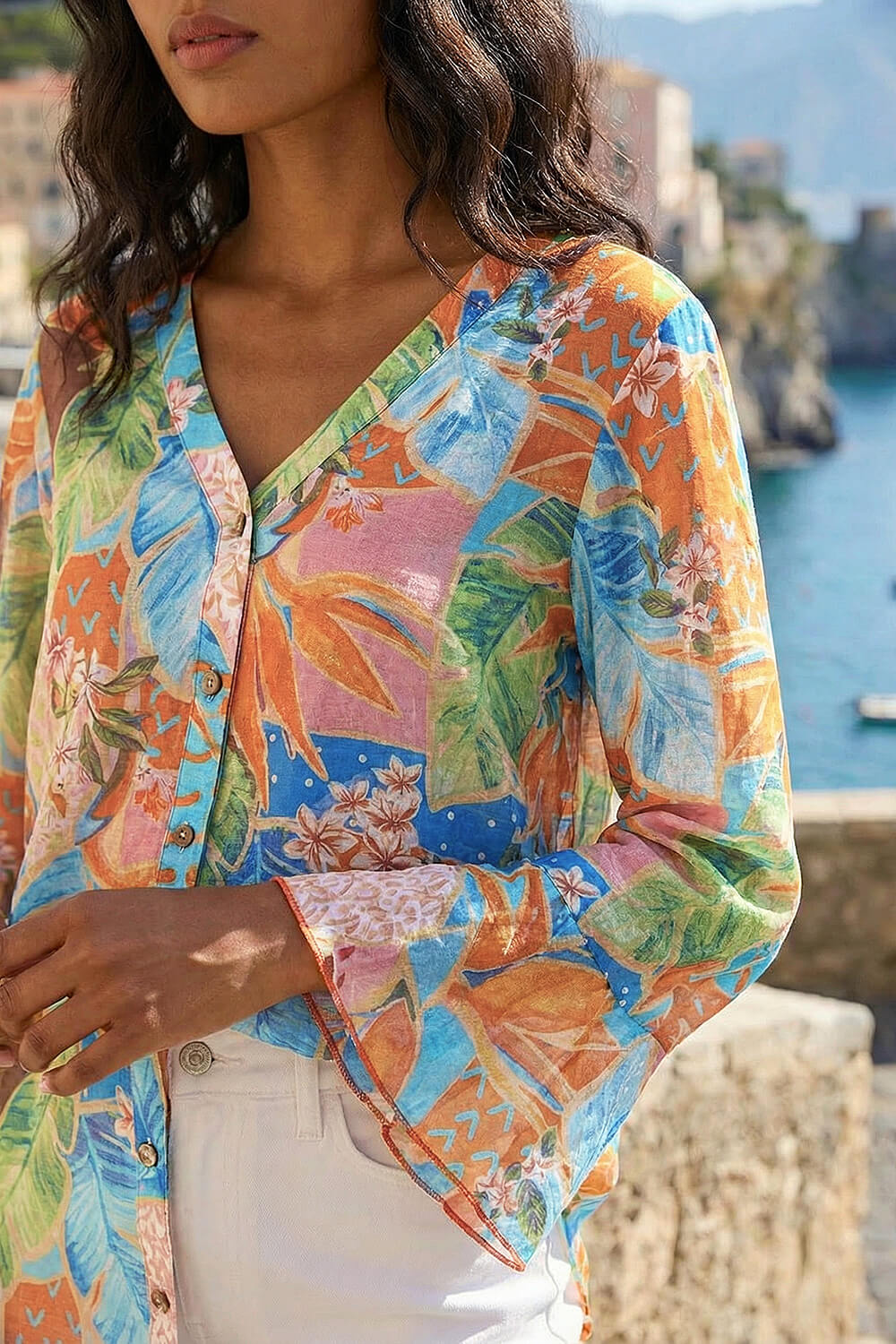 Orange Tropical Print Frill Sleeve Top, Image 5 of 4