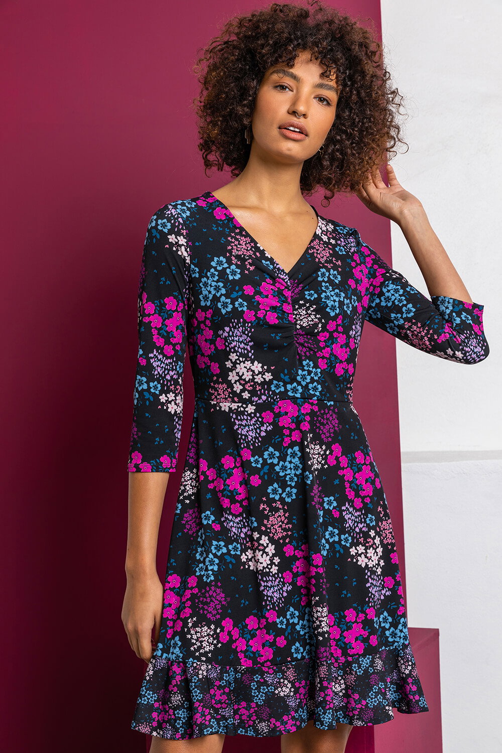 Long Sleeve Floral Print Ruched Mini Dress