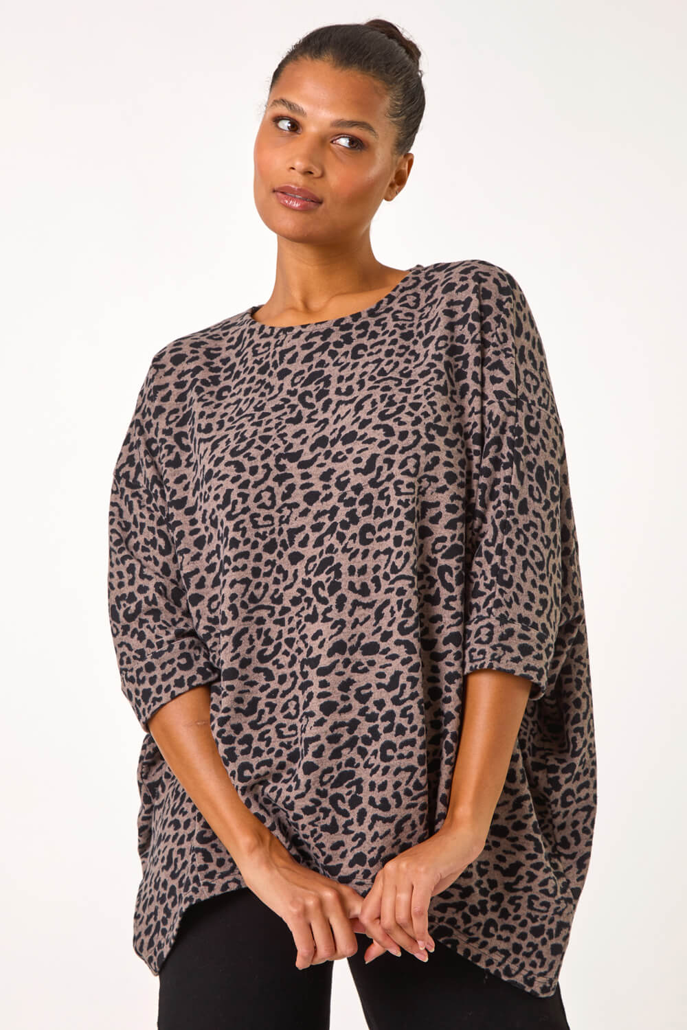Brown Animal Print Batwing Stretch Top, Image 5 of 5