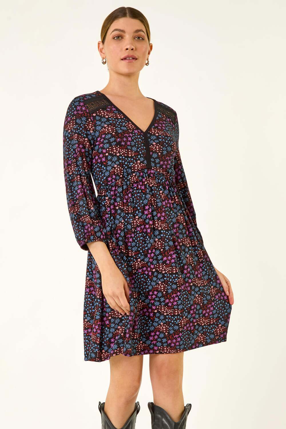 Purple Print Trim Detail Stretch Dress, Image 3 of 5
