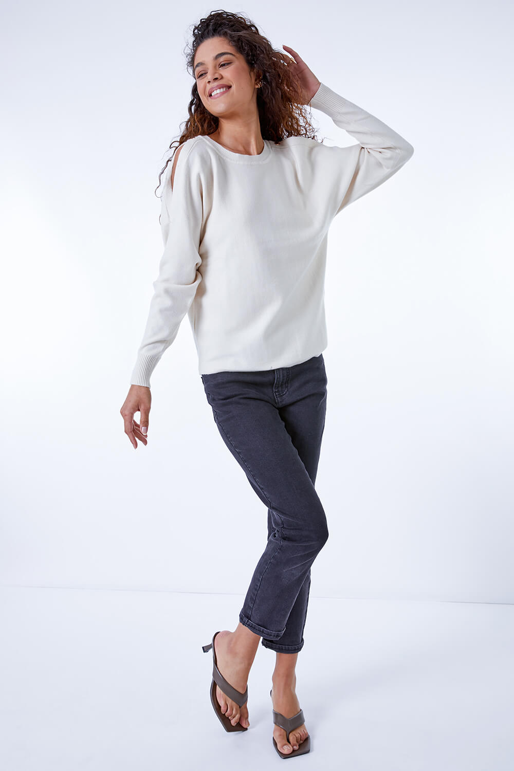 Ivory Cold Shoulder Button Detail Jumper, Image 5 of 4