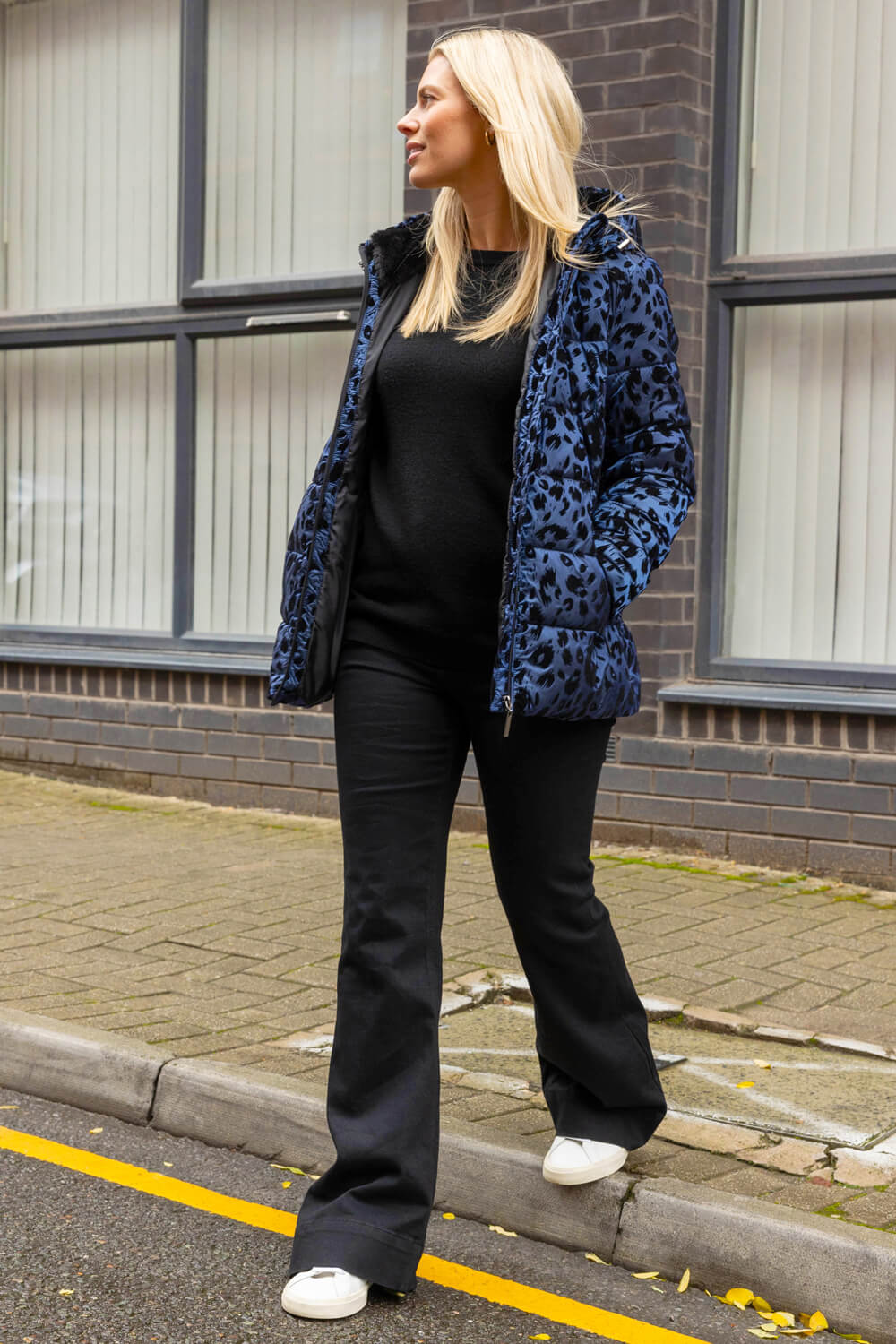 Blue Animal Print Flocked Hooded Coat, Image 4 of 4