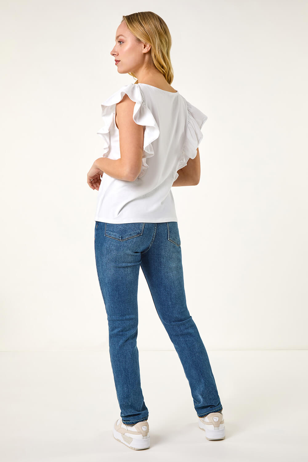 White Dusk Ruffle Detail Stretch T-Shirt, Image 4 of 5