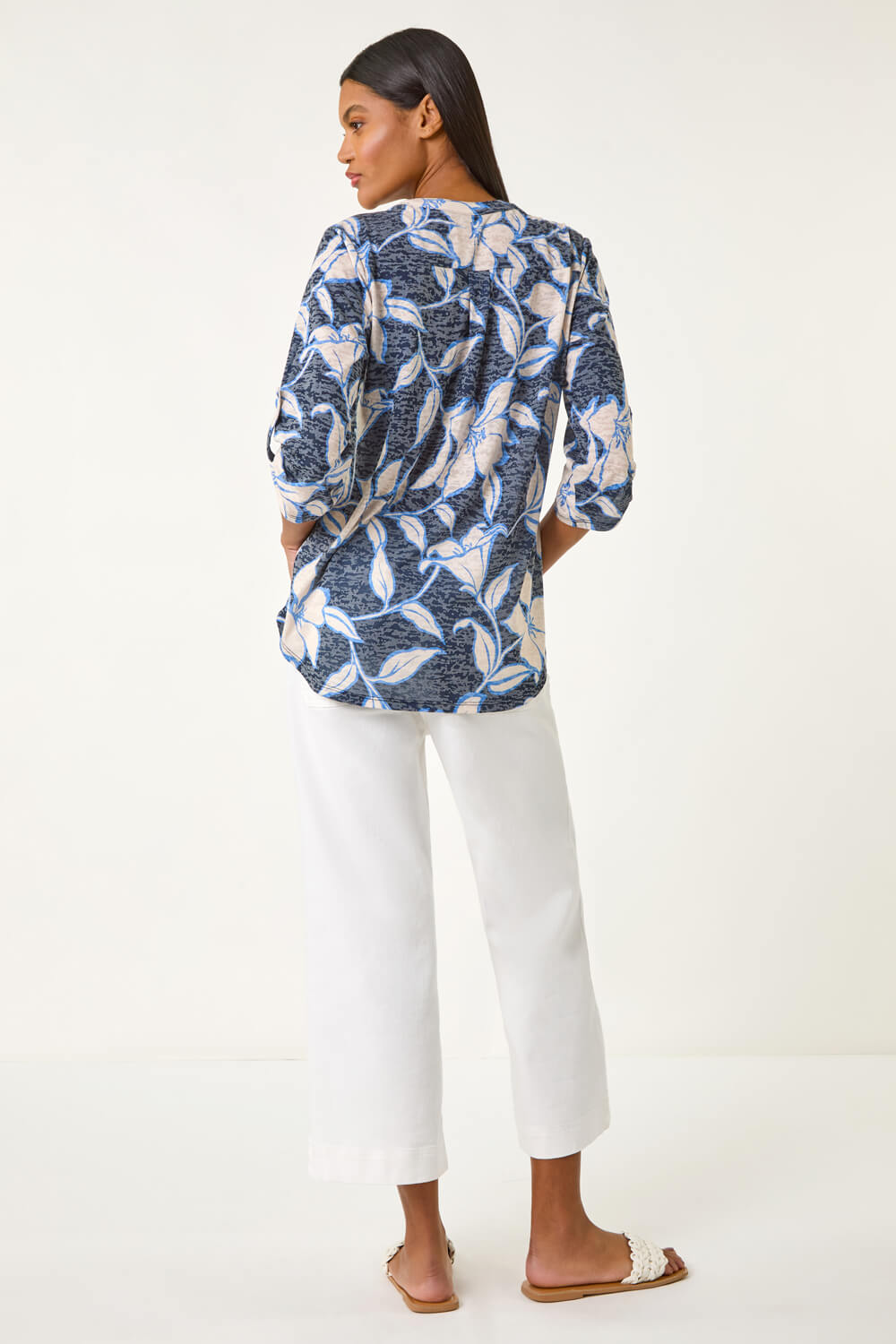NAVY FLORAL EMBROIDERED SPLIT V-NECK SHIRT main image 0