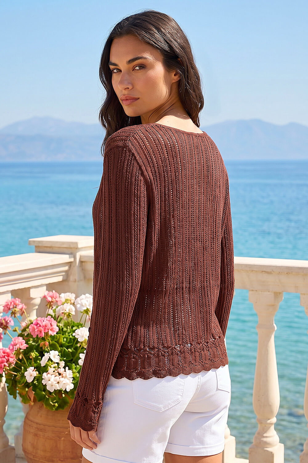 Chocolate Light Ribbed Knit Cardigan, Image 3 of 4