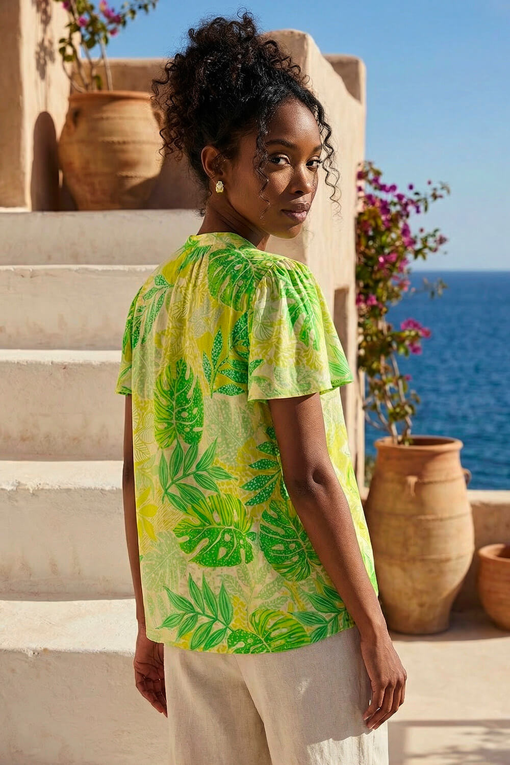 Lime Leaf Print Shirred V-Neck Top, Image 4 of 4