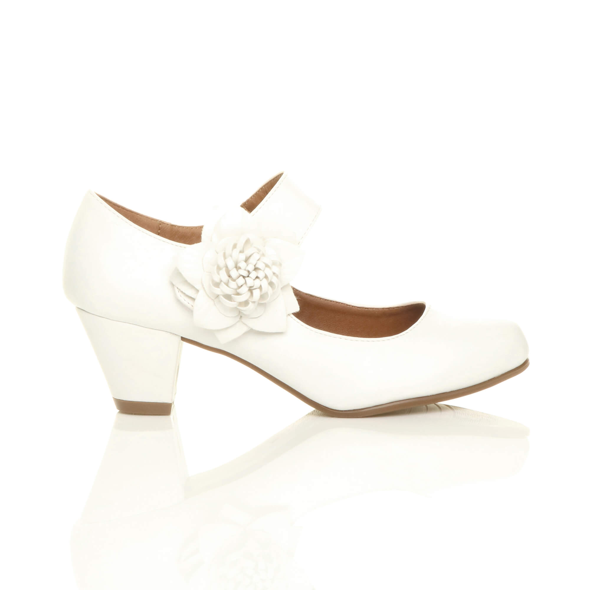 White AJVANI White Mid Block Heel Mary Jane Comfort Court Shoes, Image 2 of 6