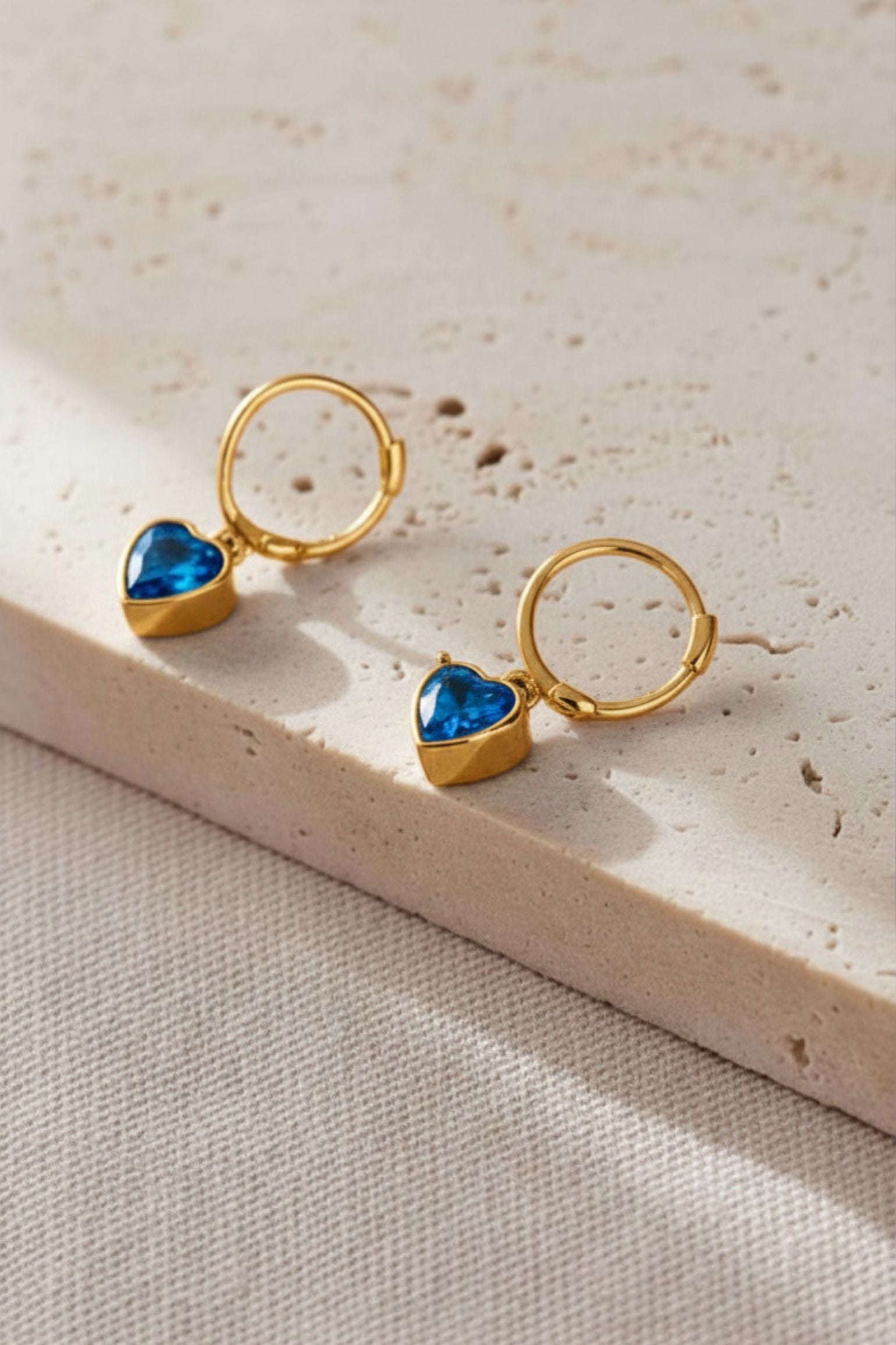 Blue Gold CZ Heart Huggie Hoops, Image 1 of 2