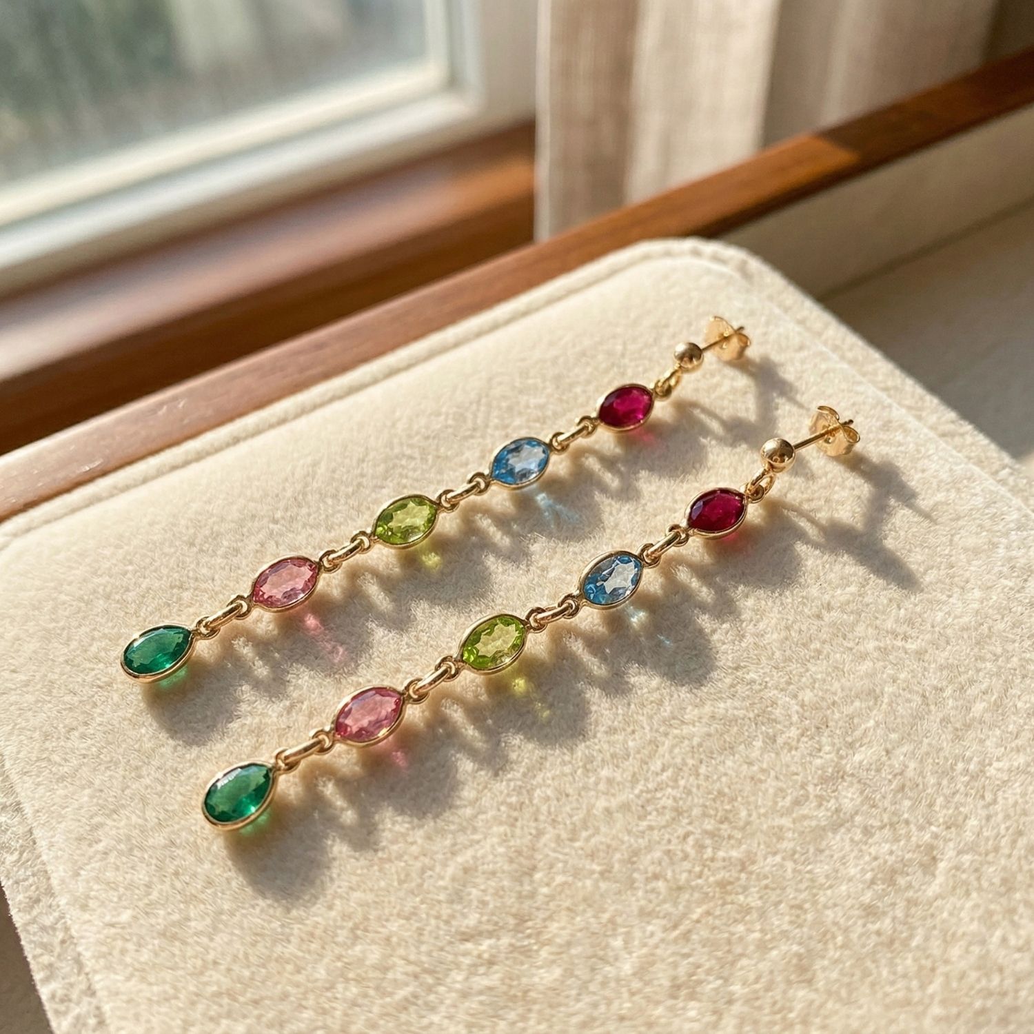 Gold Dangle Multi Gemstone Crystal Drop Gold Plated Earrings, Image 1 of 5