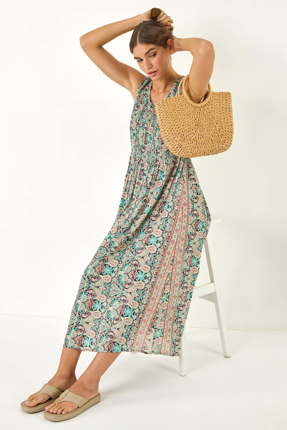 Blue Paisely Print Shirred Midi Dress , Image 1 of 5